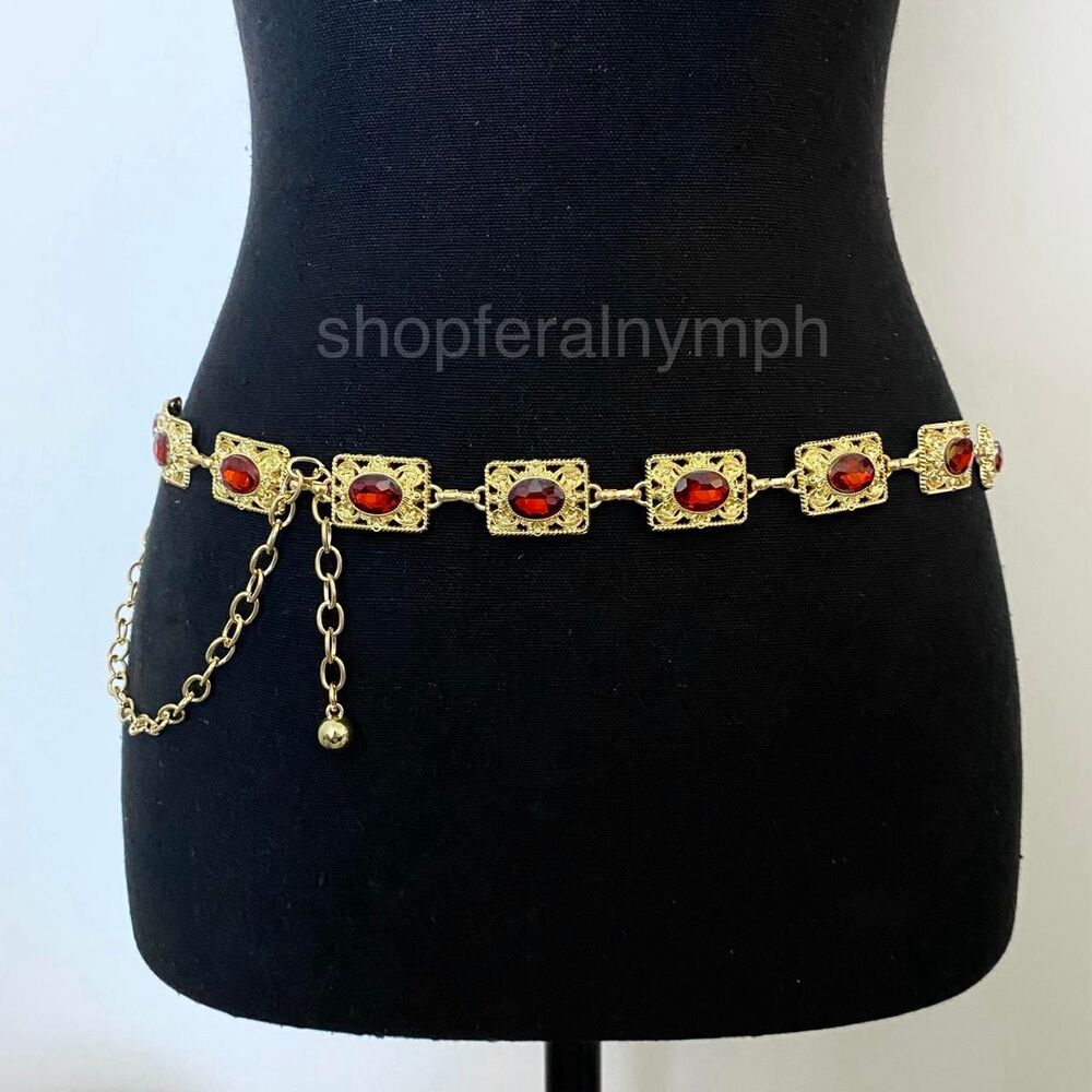 Gold Red Jewel Detailed Whimsygoth Chain Belt, Fits 24-44 Inches, X7GA1263